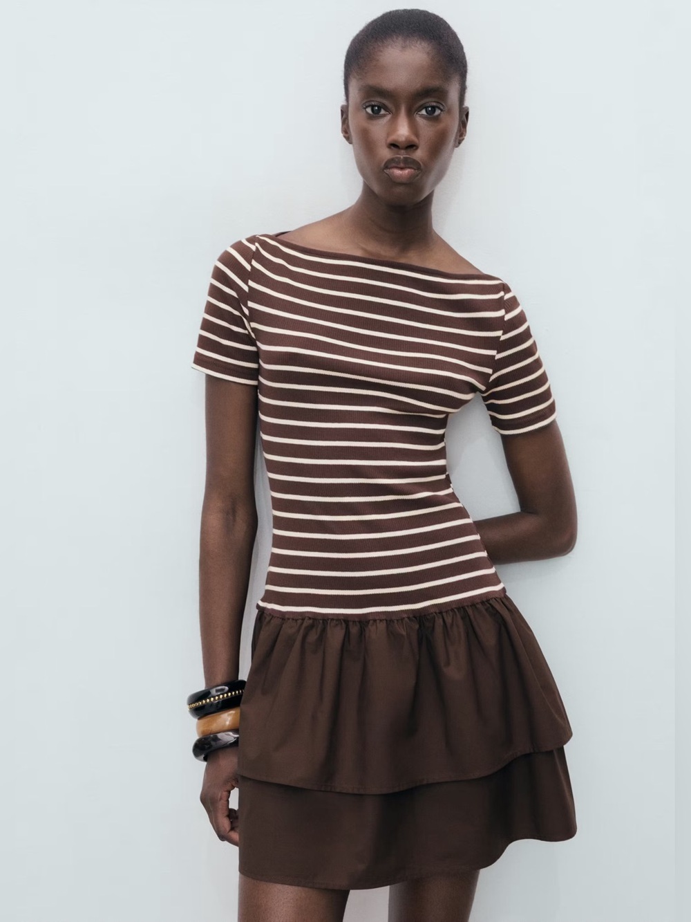 Mango Brown mixed striped dress NWT